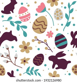 Happy easter. Seamless pattern for the holiday. Rabbit, Easter eggs, flowers, pussy willow, mimosa. Spring, a religious holiday. Easter poster and banner template for Easter. Template for promotion.