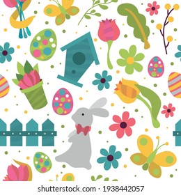 Happy easter. Seamless pattern for the holiday. Rabbit, Easter eggs, flowers, pussy willow, mimosa. Spring, a religious holiday. Easter poster and banner template for Easter. Template for promotion.
