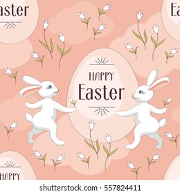 Happy Easter seamless pattern. The image of Easter eggs and white rabbits on a pink background. Vector illustration.