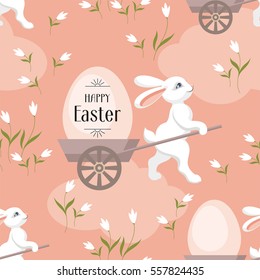 Happy Easter seamless pattern. The image of Easter eggs and white rabbits on a pink background. Vector illustration.