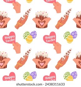 Happy Easter seamless pattern. Love the Easter cupcake and the colorful painted Easter eggs. Willow sprigs are tied with bow.