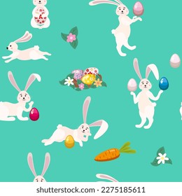 Happy Easter seamless pattern with lovely rabbits bunnies and eggs