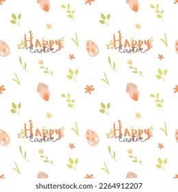 Happy Easter seamless pattern in modern minimalistic style. Flowers, eggs and bunnies on isolated background. Vector illustration.