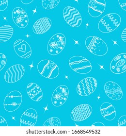 Happy Easter seamless pattern on blue background.