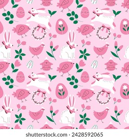 Happy Easter seamless pattern on pink background. Vector illustration