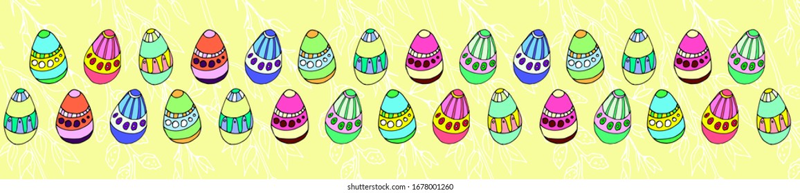 Happy Easter seamless pattern with outline eggs, monochrome happy easter cute bright texture with outline painted eggs. Nice pattern for holidays textile, wrapping paper, gift boxes.