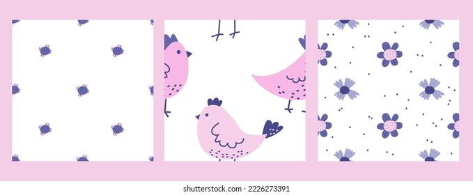 Happy Easter seamless pattern with pastel color. Religion spring holiday backgrounds. Patterns with flowers, chickens. Cute children textile. Easter wrapping papers
