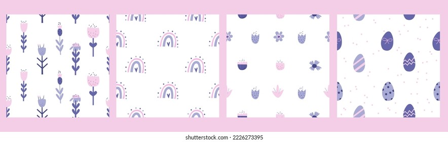 Happy Easter seamless pattern with pastel color. Religion spring holiday backgrounds. Patterns with flowers, rainbows, eggs.Cute children textile. Easter wrapping papers