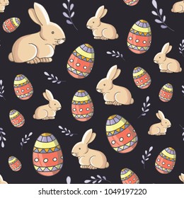 Happy Easter seamless pattern with easter rabbit, painted eggs and willow twigs.