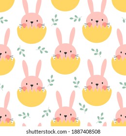 Feliz Pascua sin costuras con conejo en cáscara de huevo y hojas verdes en ilustración vectorial de fondo blanco. Personaje de dibujos animados.