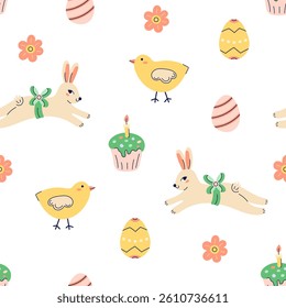 Happy Easter seamless pattern with rabbit, chick and painted eggs on white background. Happy Easter hand drawn card. Flat illustration with partial outline. Vector illustration.