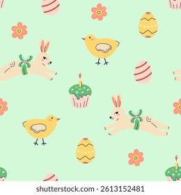 Happy Easter seamless pattern with rabbit, chick and painted eggs on green background. Happy Easter hand drawn card. Flat illustration with partial outline. Vector illustration.