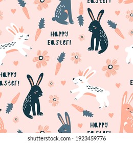 Happy Easter seamless pattern with rabbits. Vector Illustration flat style design for invitations, prints, wrapping paper. Perfect for kids design, fabric, wrapping, wallpaper, textile, apparel 