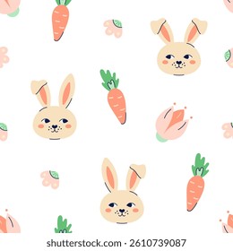 Happy Easter seamless pattern with rabbits and carrots on white background. Happy Easter hand drawn card. Flat illustration with partial outline. Vector illustration.