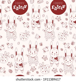 Happy Easter Seamless pattern. Easter pattern of rabbits-boys and girls-hares, decorative eggs, birds and butterflies on a light background. Vector illustration. red Line, outline