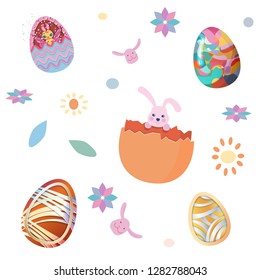 Happy easter, seamless pattern set of easter eggs on white background. vector illustration.