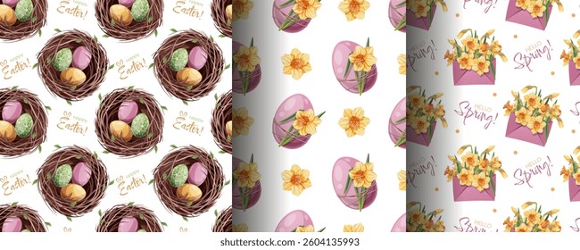 Happy Easter Seamless Pattern Set with Eggs in Nest and Daffodils. Spring Floral Background for Textiles, Wallpaper, Wrapping Paper and Holiday Decor. Cheerful Vector Illustration