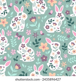 Happy Easter seamless pattern with silhouettes of bunnies and wildflowers. Hand-drawn vector texture