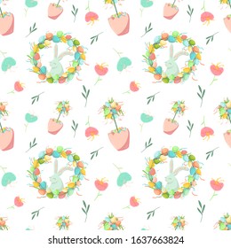 Happy easter seamless pattern, Spring colorful  festive easter holiday. Vector graphics, wraping paper, chiken, eggs, rabit