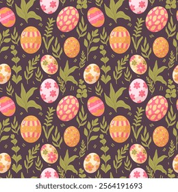 Happy Easter seamless pattern with spring flowers and eggs on dark background. Vector illustration