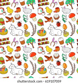 Happy Easter Seamless Pattern with Traditional Eggs, Food and Decorative Elements. Vector background