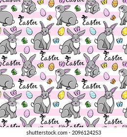 Happy Easter seamless pattern. Trendy Easter design with cute rabbits and eggs, vector illustration