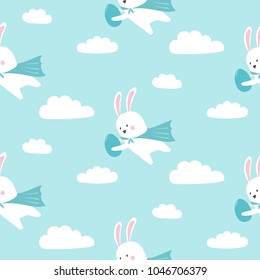 Happy easter seamless pattern. Vector background with easter bunny, egg and clouds. Suitable for wallpaper, wrapping paper, web page background, summer cards design.