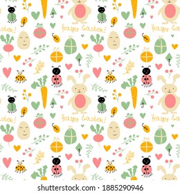 Happy Easter. Seamless pattern vector -Rabbit, carrot, eggs, radish and branches, leaves, berries, hearts, beetles, gift boxes. Ideal for design children clothes, wrapping paper texture. Flat