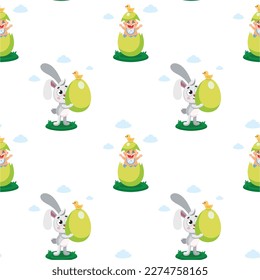 Happy Easter seamless pattern. Vector cute pattern for kids clothes, textile with easter rebbits and eggs. Hand drawn doodle illustration. Easter cartoon characters.