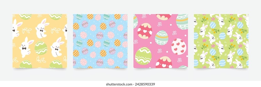 Feliz Pascua vector de patrón sin fisuras. Conjunto de diseño de cubierta cuadrada con huevo de Pascua, conejo, flor, follaje. Temporada de primavera repetida en patrón de tela para estampados, papel pintado, cubierta, embalaje, anuncios.