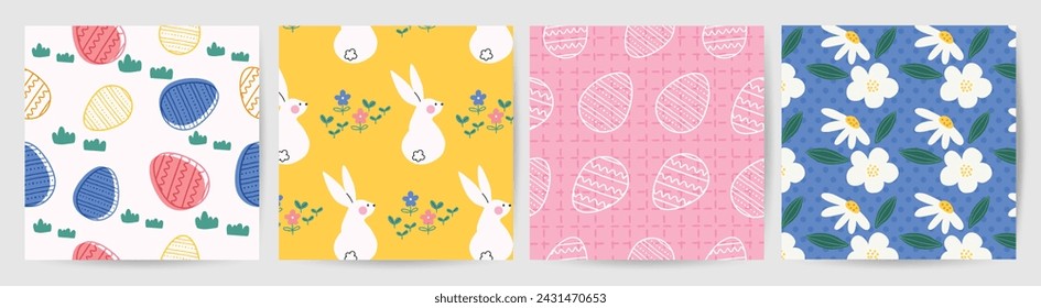 Feliz Pascua vector de patrón sin fisuras. Conjunto de diseño de cubierta cuadrada con huevo de Pascua, flor, conejo. Temporada de primavera repetida en patrón de tela para estampados, papel pintado, cubierta, embalaje, niños, anuncios.