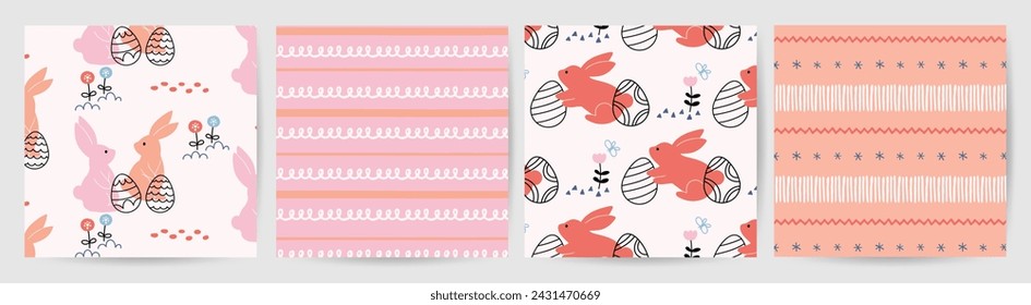 Happy Easter seamless pattern vector. Set of square cover design with easter egg, flower, rabbit. Spring season repeated in fabric pattern for prints, wallpaper, cover, packaging, kids, ads.