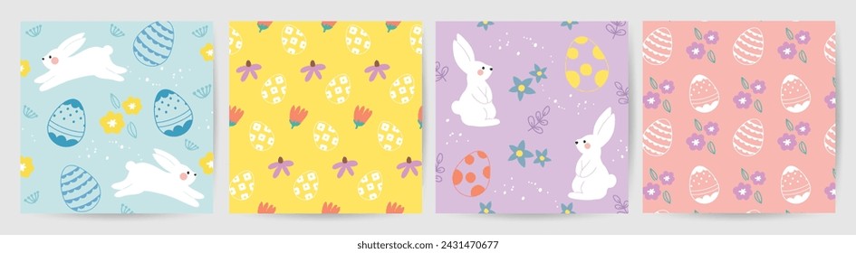 Feliz Pascua vector de patrón sin fisuras. Conjunto de diseño de cubierta cuadrada con huevo de Pascua, flor, conejo. Temporada de primavera repetida en patrón de tela para estampados, papel pintado, cubierta, embalaje, niños, anuncios.