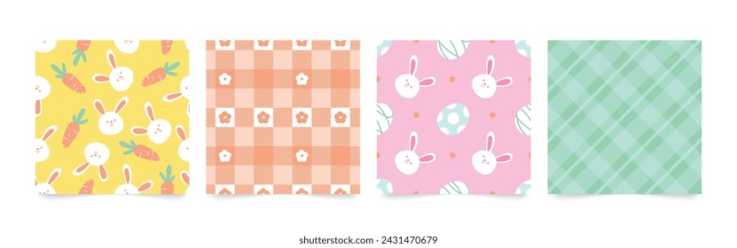 Happy Easter seamless pattern vector. Set of square cover design with easter egg, rabbit, flower. Spring season repeated in fabric pattern for prints, wallpaper, cover, packaging, kids, ads.