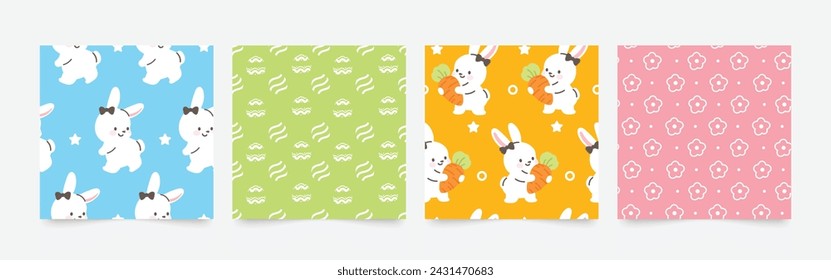 Happy Easter seamless pattern vector. Set of square cover design with easter egg, flower, rabbit, carrot. Spring season repeated in fabric pattern for prints, wallpaper, cover, packaging, kids, ads.