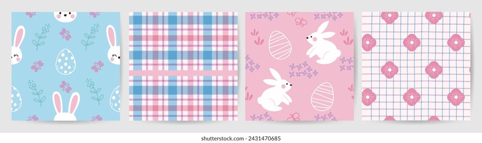 Happy Easter seamless pattern vector. Set of square cover design with easter egg, flower, rabbit. Spring season repeated in fabric pattern for prints, wallpaper, cover, packaging, kids, ads.