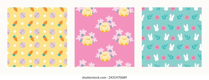 Feliz Pascua vector de patrón sin fisuras. Conjunto de diseño de cubierta cuadrada con huevo de Pascua, flor, conejo, pollo. Temporada de primavera repetida en patrón de tela para estampados, papel pintado, cubierta, embalaje, niños, anuncios.