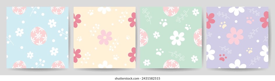 Feliz Pascua vector de patrón sin fisuras. Conjunto de diseño de cubierta cuadrada con huevo de Pascua, flor, follaje, pata. Temporada de primavera repetida en patrón de tela para estampados, papel pintado, cubierta, embalaje, niños, anuncios.