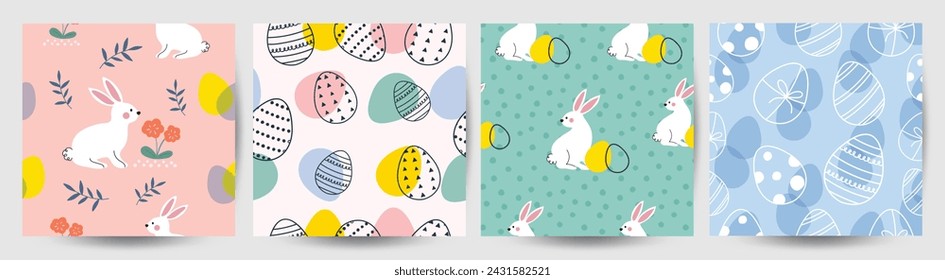 Happy Easter seamless pattern vector. Set of square cover design with easter egg, flower, rabbit, foliage. Spring season repeated in fabric pattern for prints, wallpaper, cover, packaging, kids, ads.