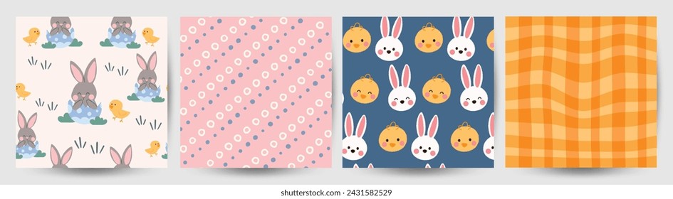 Happy Easter seamless pattern vector. Set of square cover design with easter egg, rabbit, chick, stripes. Spring season repeated in fabric pattern for prints, wallpaper, cover, packaging, kids, ads.