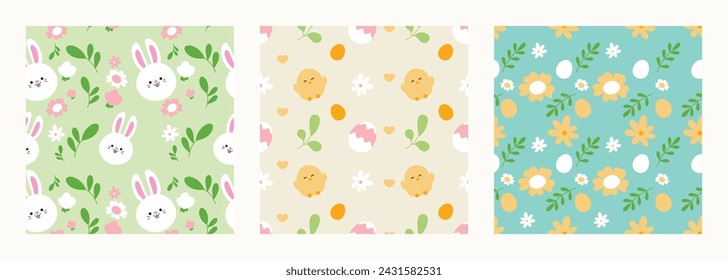 Happy Easter seamless pattern vector. Set of square cover design with easter egg, flower, rabbit, chick. Spring season repeated in fabric pattern for prints, wallpaper, cover, packaging, kids, ads.