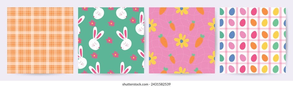 Feliz Pascua vector de patrón sin fisuras. Conjunto de diseño de cubierta cuadrada con huevo de Pascua, flor, conejo, zanahoria. Temporada de primavera repetida en patrón de tela para estampados, papel pintado, cubierta, embalaje, niños, anuncios.