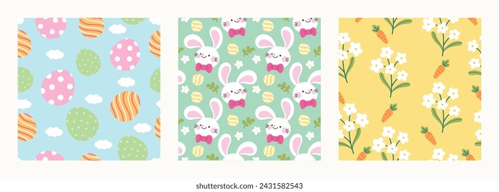 Happy Easter seamless pattern vector. Set of square cover design with easter egg, flower, rabbit, foliage. Spring season repeated in fabric pattern for prints, wallpaper, cover, packaging, kids, ads.