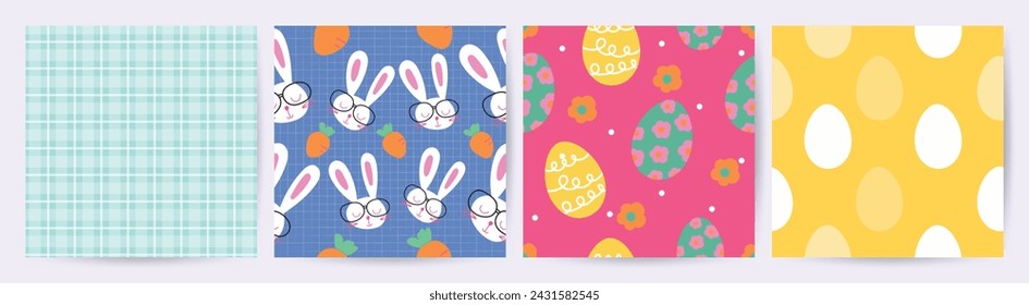 Happy Easter seamless pattern vector. Set of square cover design with easter egg, flower, rabbit, carrot. Spring season repeated in fabric pattern for prints, wallpaper, cover, packaging, kids, ads.