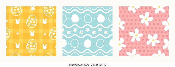 Feliz Pascua vector de patrón sin fisuras. Conjunto de diseño de cubierta cuadrada con huevo de Pascua, flor, conejo. Temporada de primavera repetida en patrón de tela para estampados, papel pintado, cubierta, embalaje, niños, anuncios.