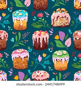 Happy Happy Easter seamless pattern. Vector set of traditional Easter cakes