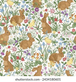 Happy Easter. Seamless pattern. Vintage vector illustration. Bunnies and chickens are among the flowers.
