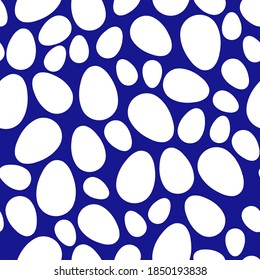 Happy Easter seamless pattern with white eggs on classic blue background. Polka dots design for card, postcard, wallpaper, posters. Vector stock illustration. Cartoon style.