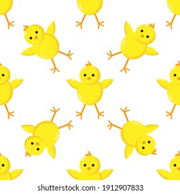 Happy Easter seamless pattern with yellow chicken and eggs. Spring season holidays quotes and phrases for cards, banners, posters, mug, scrapbooking, pillow case, phone cases and clothes design. 