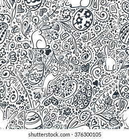Happy Easter seamless patterns with Bunny, Easter eggs, hearts, flowers, decorative ornament. Hand drawn Vector illustration.